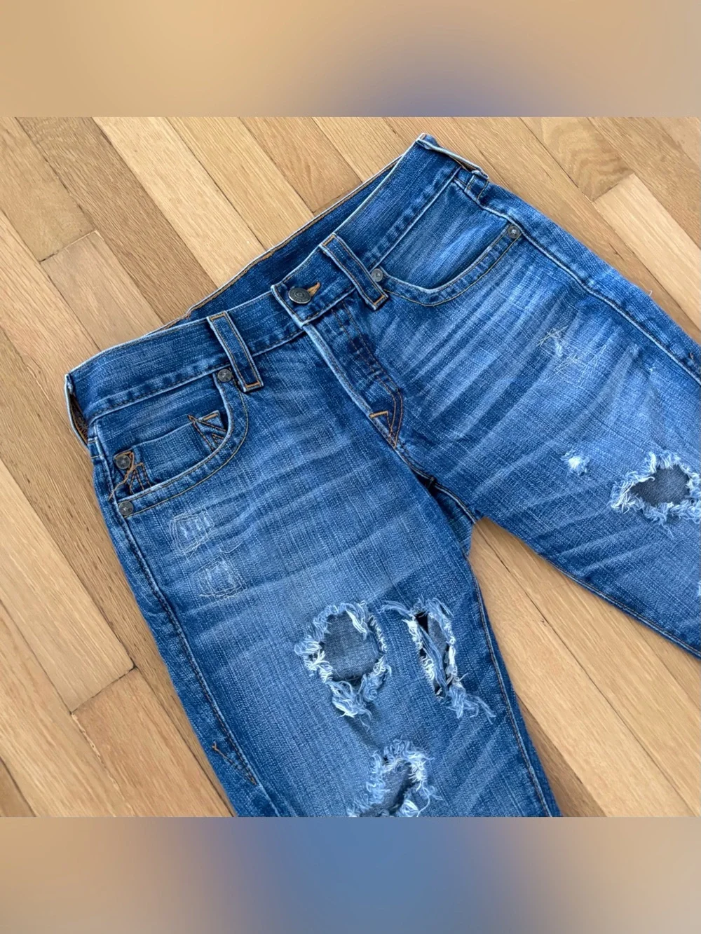 Vintage True Religion Geno Pony Hair Patch Distressed Denim Jorts Cutoff 31/32